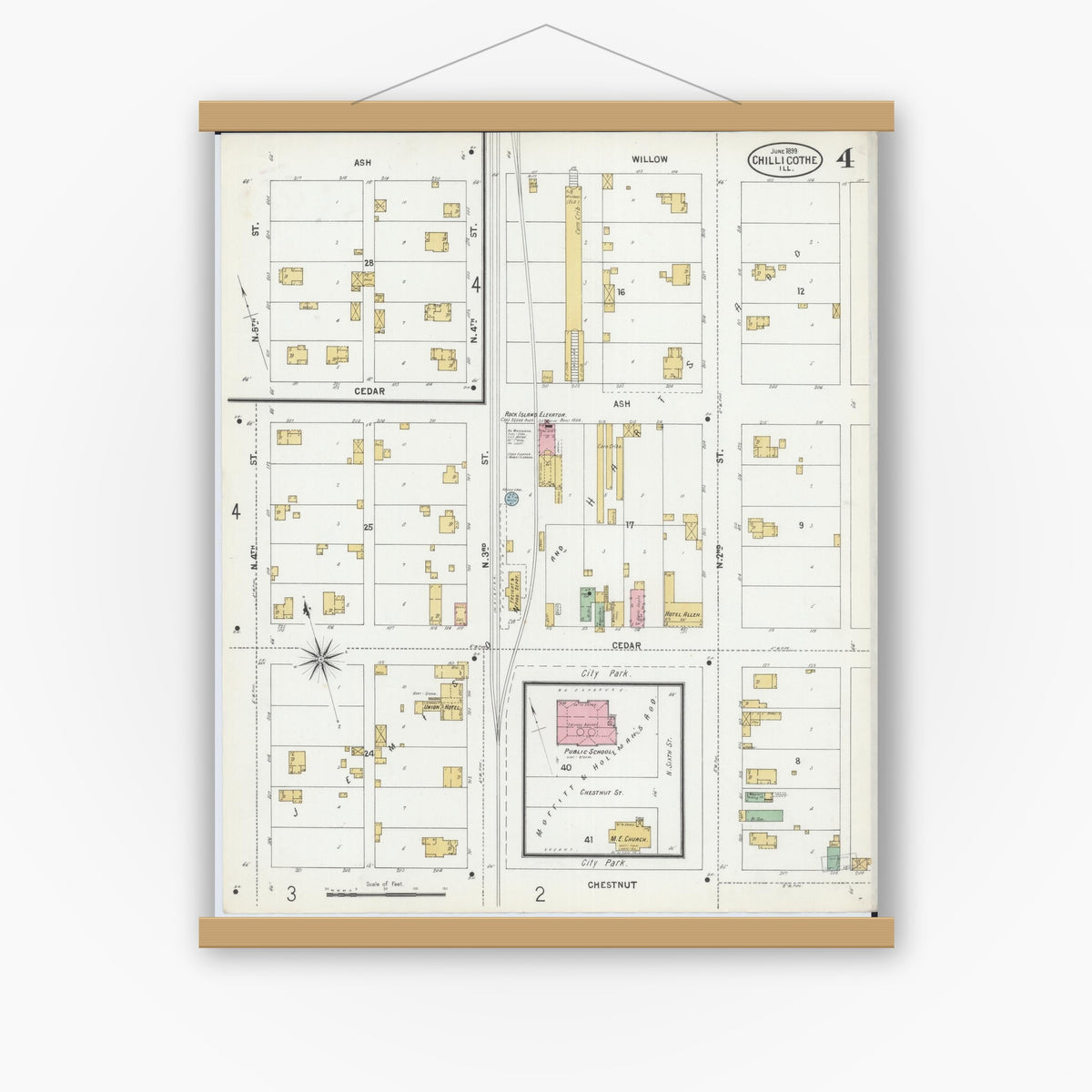 Old map wall art mockup — magnetic wood frame on white wall — Sanborn Fire Insurance Map from Chillicothe, Peoria County, Illinois (1899), Sheet #0004