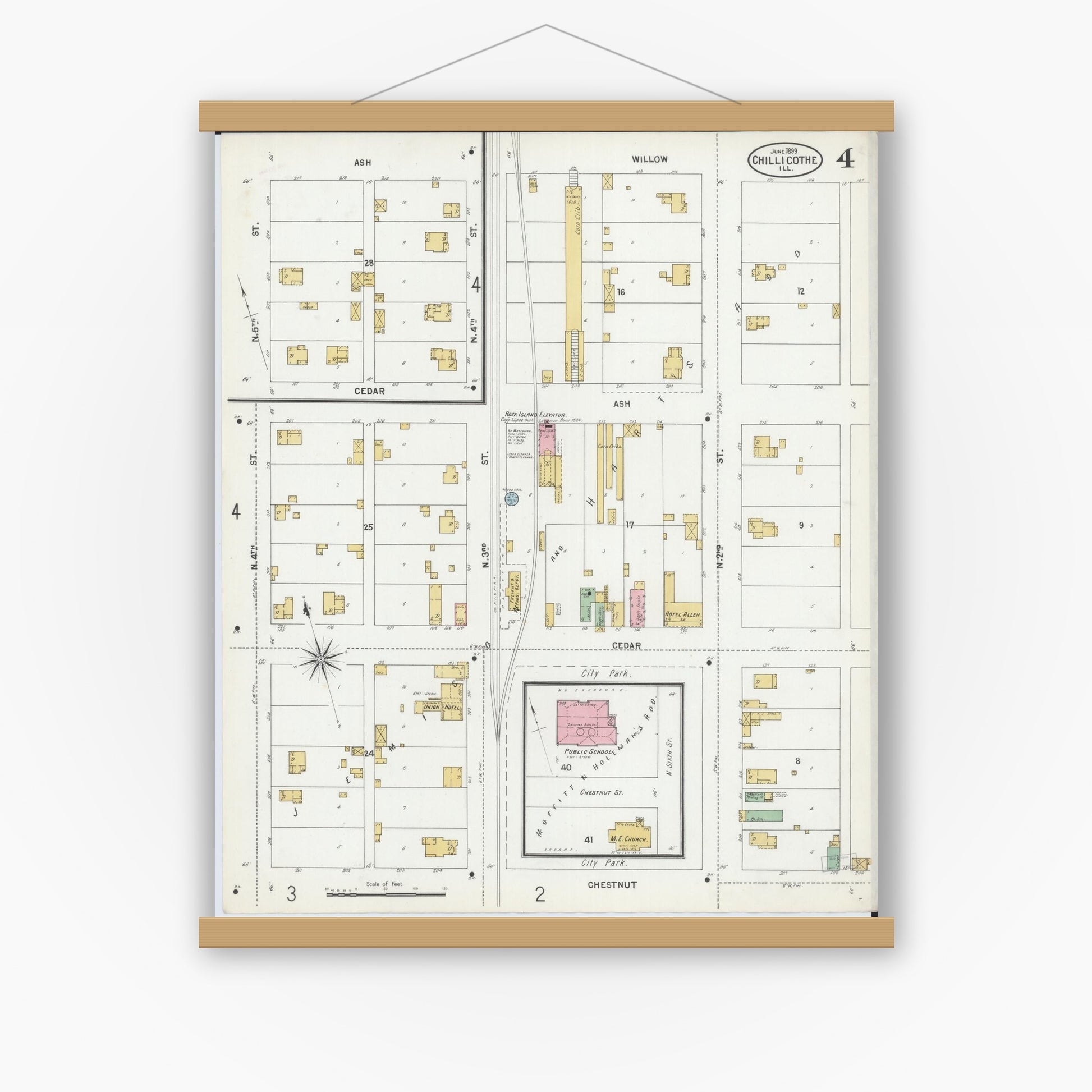 Old map wall art mockup — magnetic wood frame on white wall — Sanborn Fire Insurance Map from Chillicothe, Peoria County, Illinois (1899), Sheet #0004