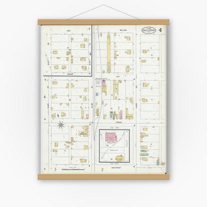 Old map wall art mockup — magnetic wood frame on white wall — Sanborn Fire Insurance Map from Chillicothe, Peoria County, Illinois (1899), Sheet #0004