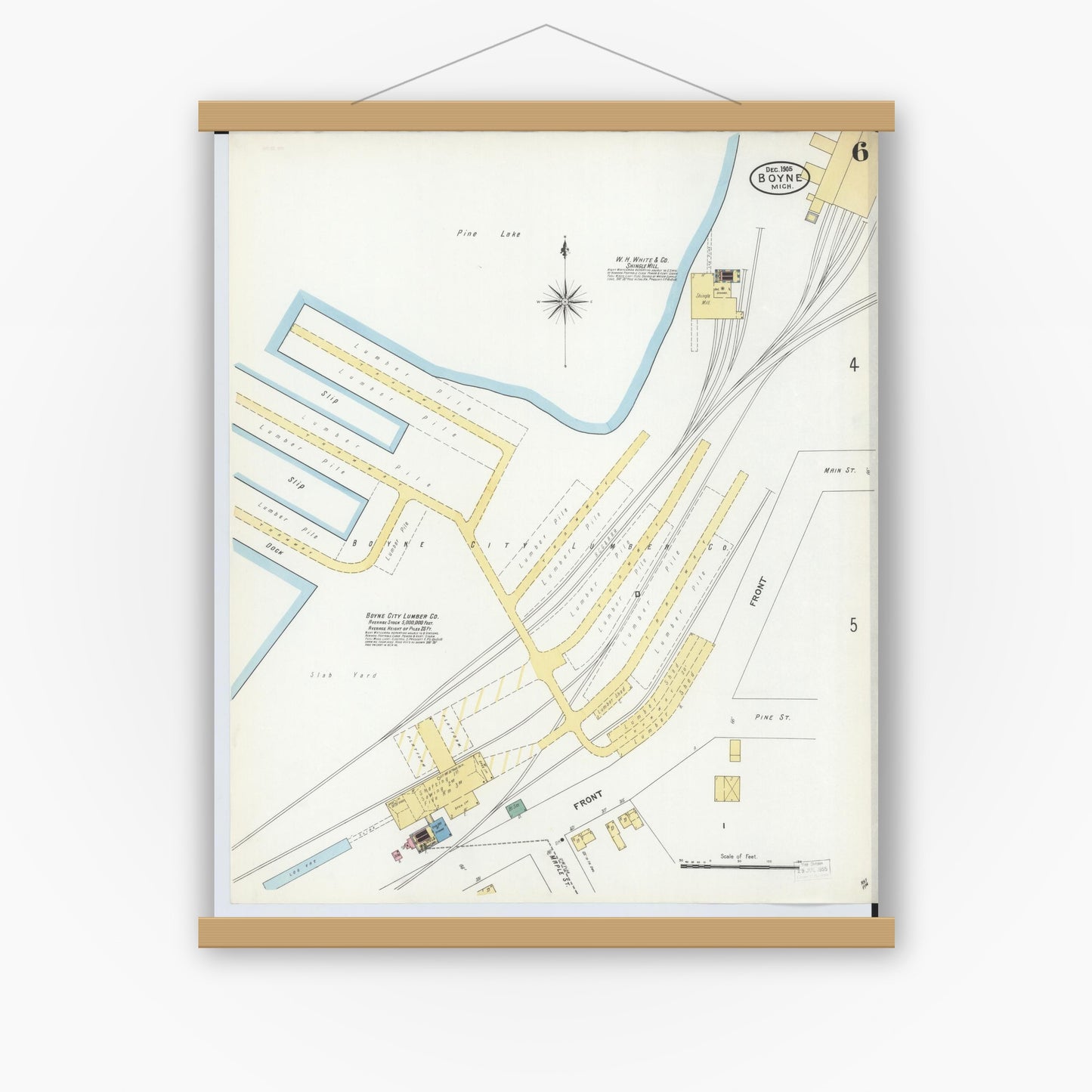 Old map wall art mockup — magnetic wood frame on white wall — Sanborn Fire Insurance Map from Boyne City, Charlevoix County, Michigan (1905), Sheet #0006