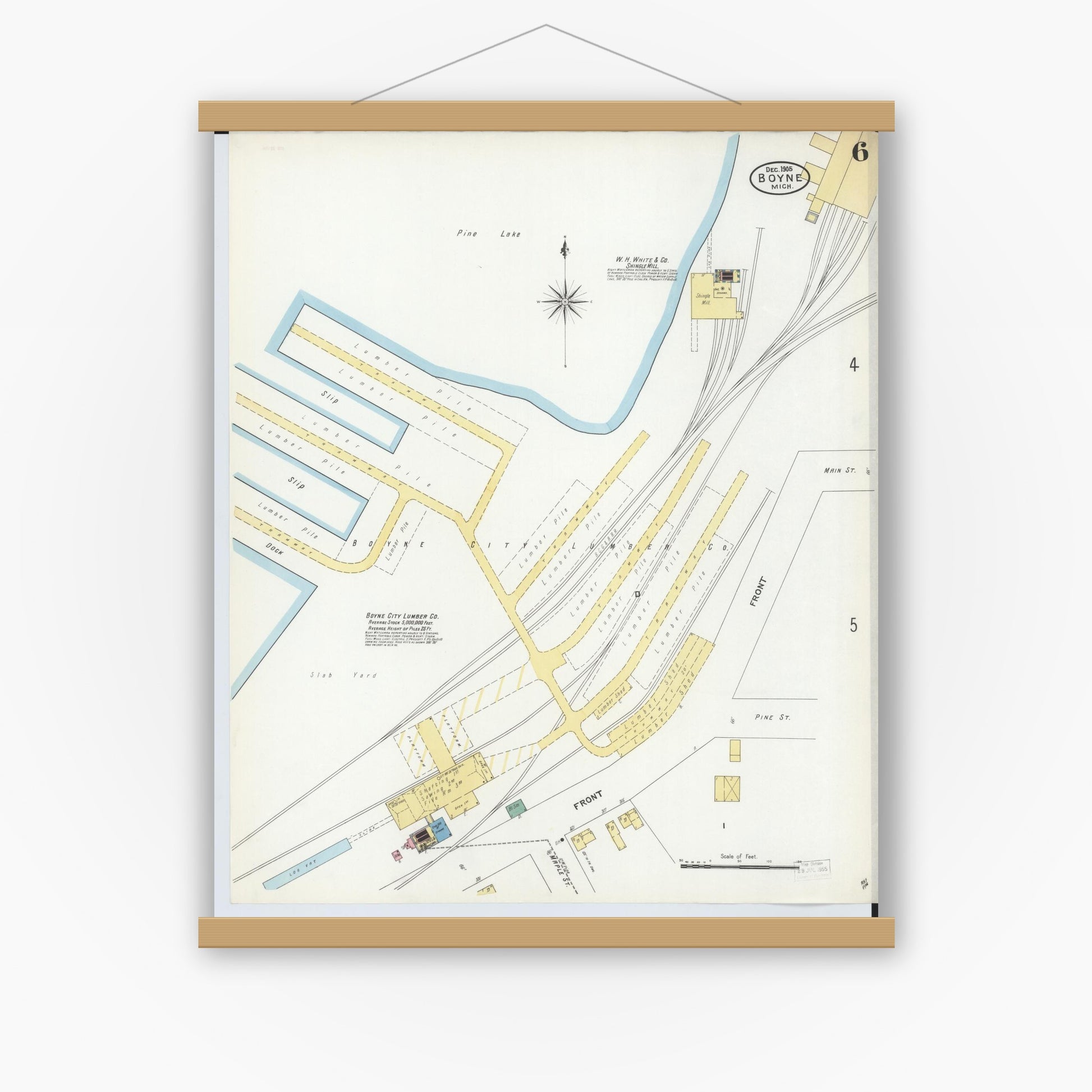 Old map wall art mockup — magnetic wood frame on white wall — Sanborn Fire Insurance Map from Boyne City, Charlevoix County, Michigan (1905), Sheet #0006