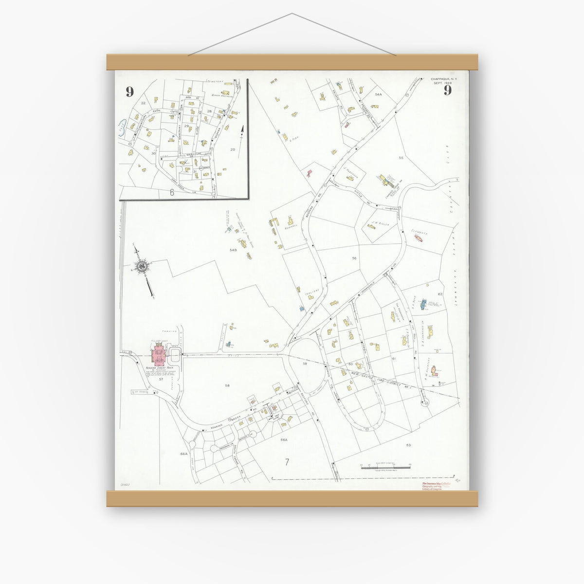 Old map wall art mockup — magnetic wood frame on white wall — Sanborn Fire Insurance Map from Chappaqua, Westchester County, New York (1939), Sheet #0009