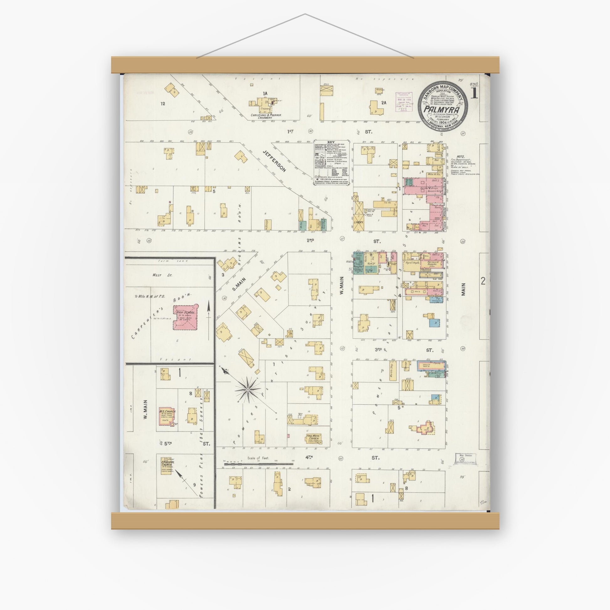 Old map wall art mockup — magnetic wood frame on white wall — Sanborn Fire Insurance Map from Palmyra, Jefferson County, Wisconsin (1904), Sheet #0001