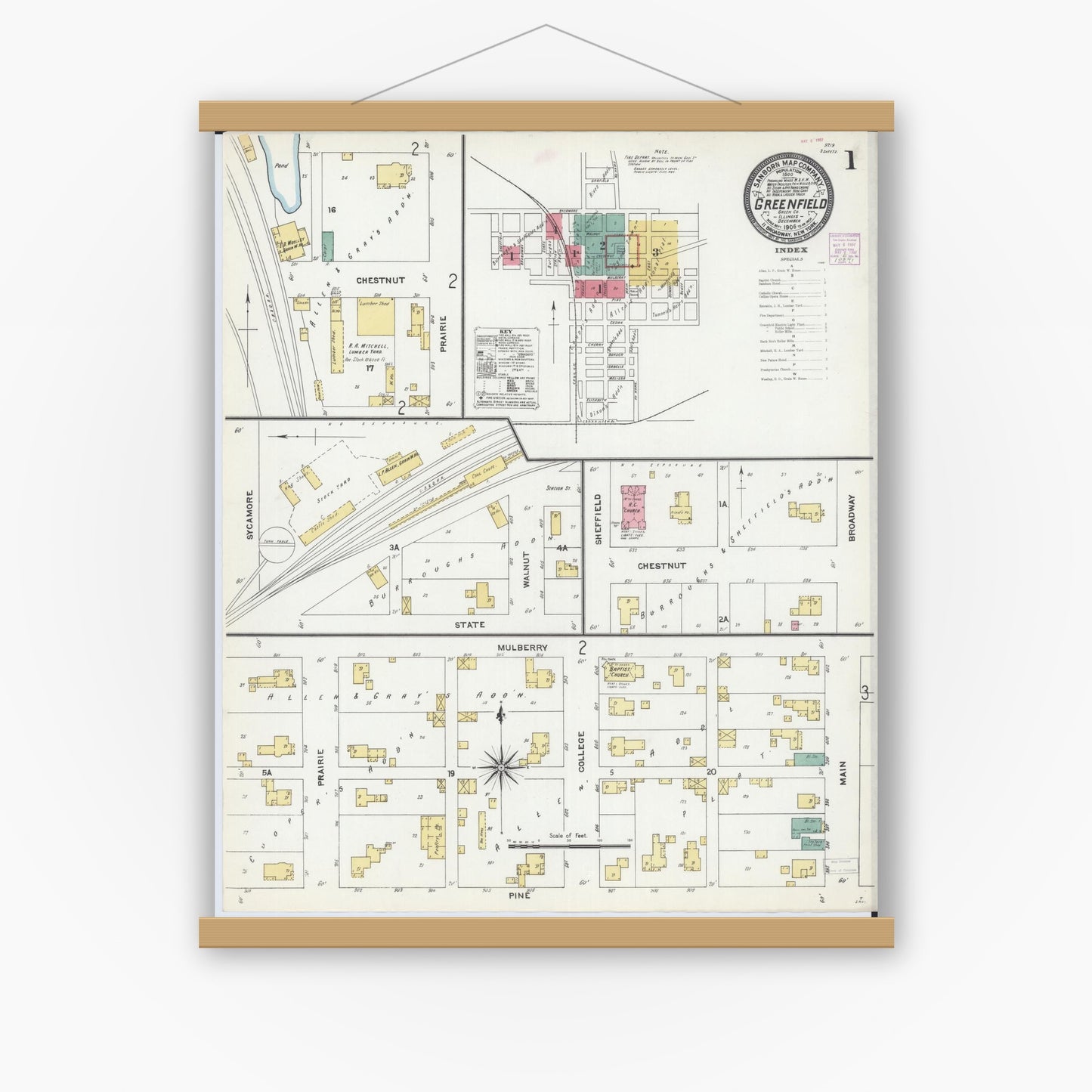 Old map wall art mockup — magnetic wood frame on white wall — Sanborn Fire Insurance Map from Greenfield, Greene County, Illinois (1906) - Complete Map Set