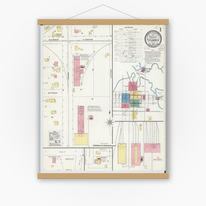 Old map wall art mockup — magnetic wood frame on white wall — Sanborn Fire Insurance Map from Tecumseh, Lenawee County, Michigan (1907), Sheet #0001