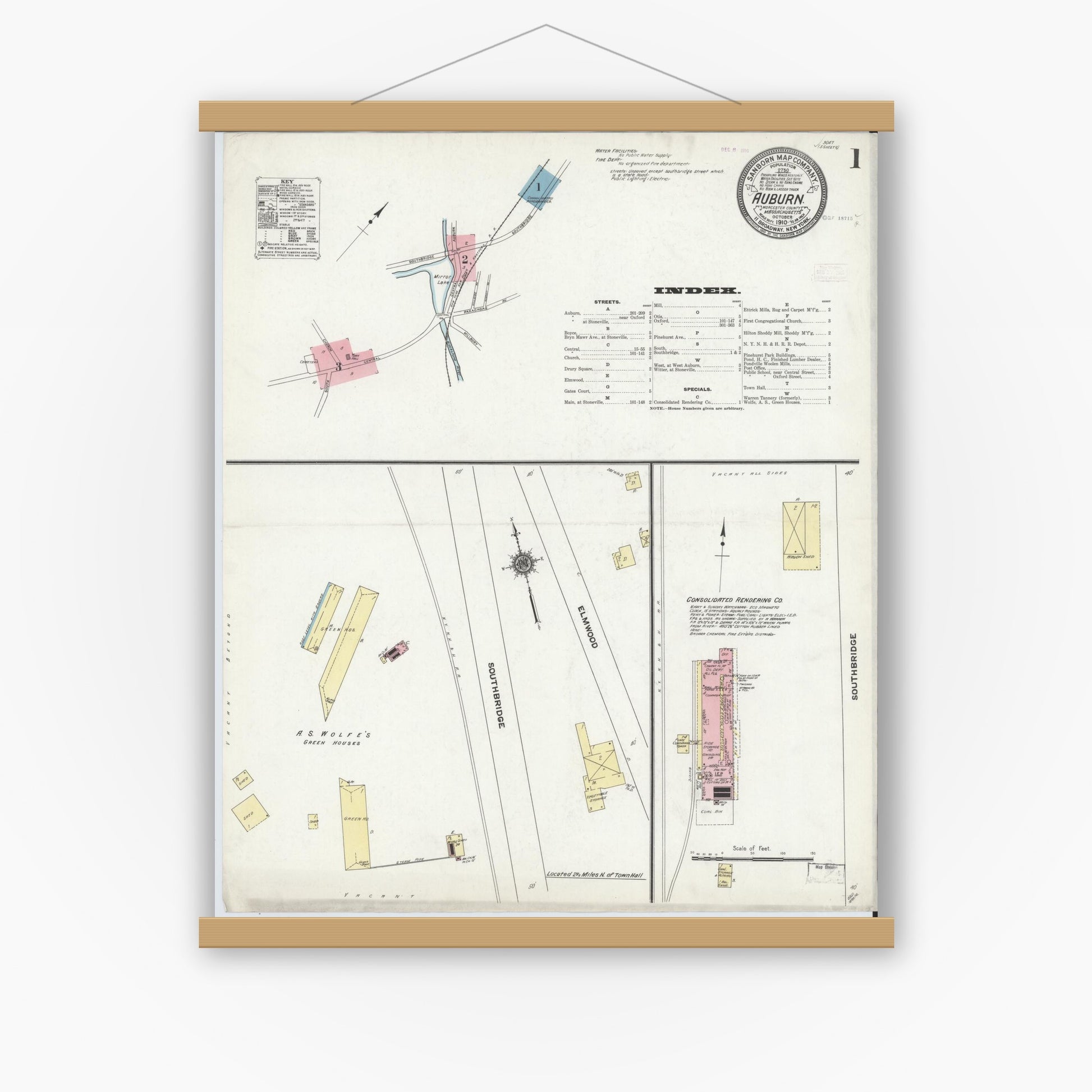 Old map wall art mockup — magnetic wood frame on white wall — Sanborn Fire Insurance Map from Auburn, Worcester County, Massachusetts (1910) - Complete Map Set