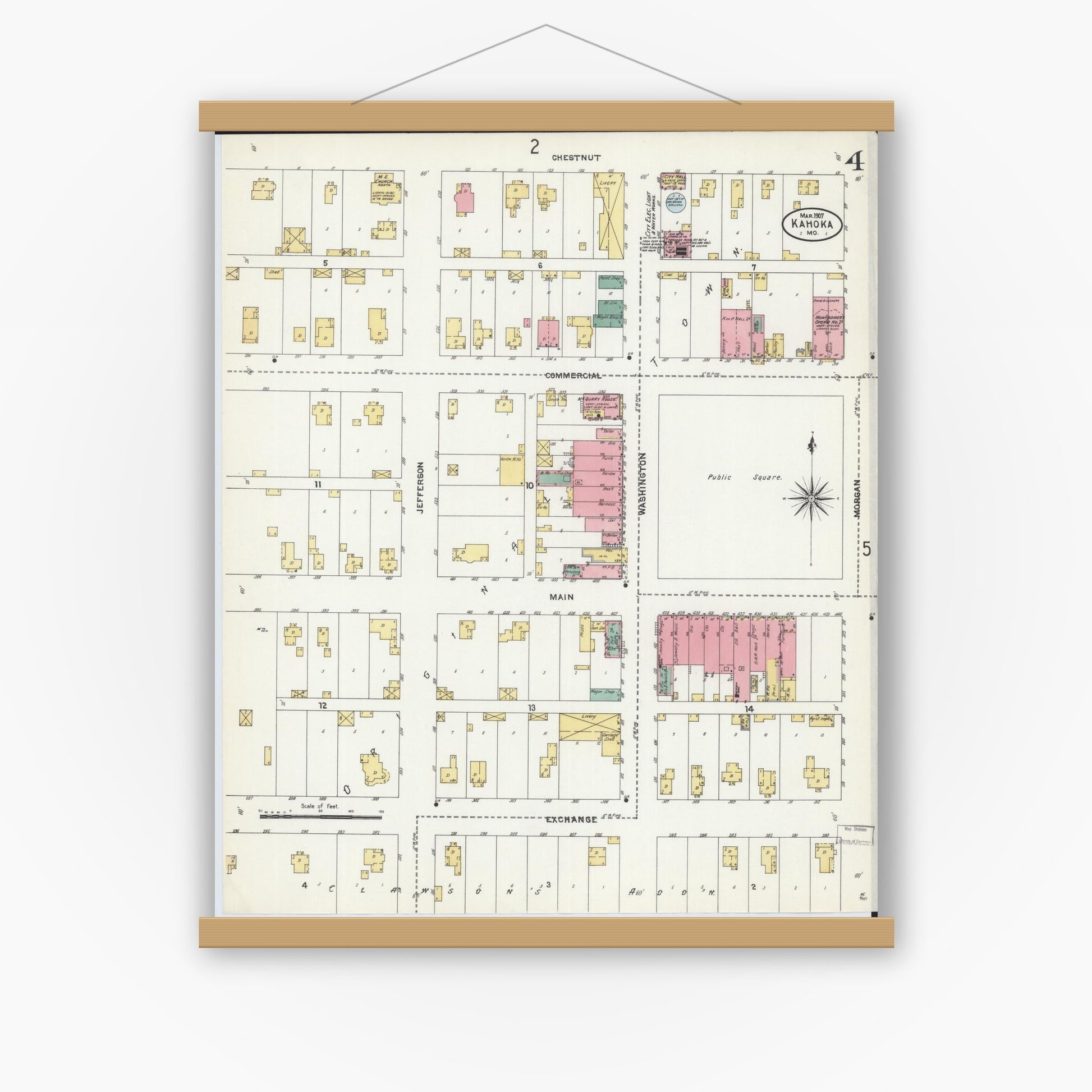 Old map wall art mockup — magnetic wood frame on white wall — Sanborn Fire Insurance Map from Kahoka, Clark County, Missouri (1907), Sheet #0004