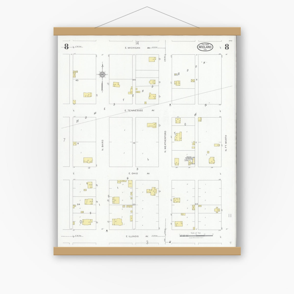 Old map wall art mockup — magnetic wood frame on white wall — Sanborn Fire Insurance Map from Midland, Midland County, Texas (1929), Sheet #0008