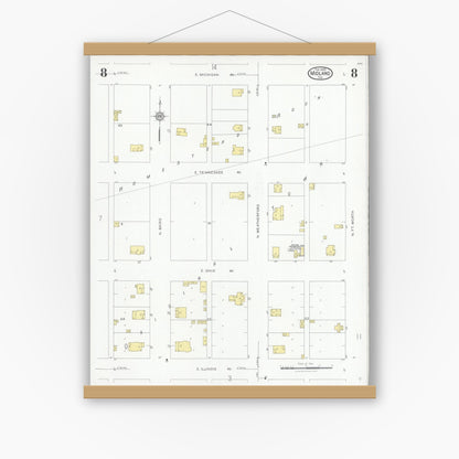 Old map wall art mockup — magnetic wood frame on white wall — Sanborn Fire Insurance Map from Midland, Midland County, Texas (1929), Sheet #0008
