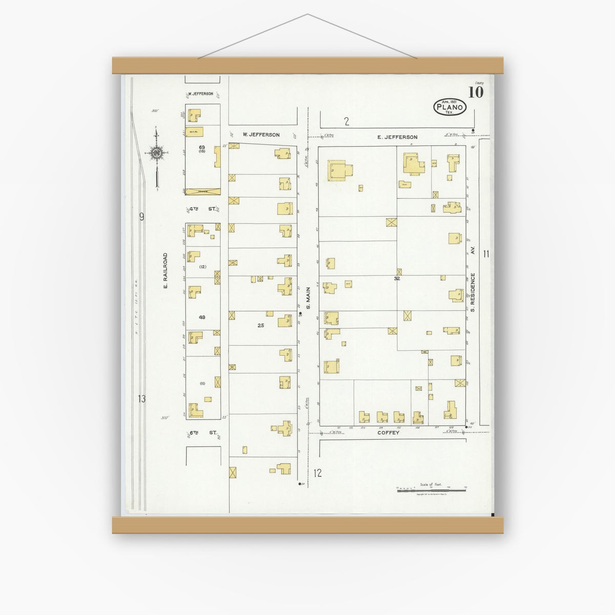 Old map wall art mockup — magnetic wood frame on white wall — Sanborn Fire Insurance Map from Plano, Collin County, Texas (1921), Sheet #0010