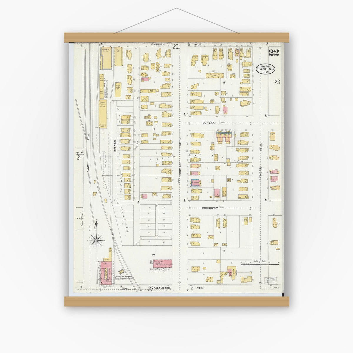 Old map wall art mockup — magnetic wood frame on white wall — Sanborn Fire Insurance Map from Lansing, Ingham County, Michigan (1906), Sheet #0022