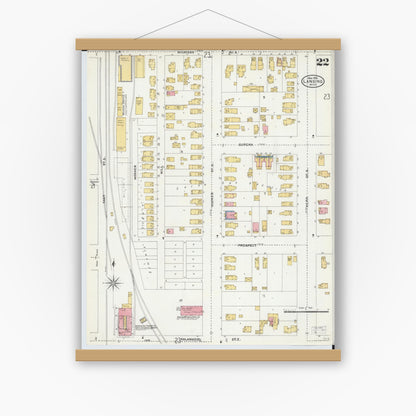 Old map wall art mockup — magnetic wood frame on white wall — Sanborn Fire Insurance Map from Lansing, Ingham County, Michigan (1906), Sheet #0022