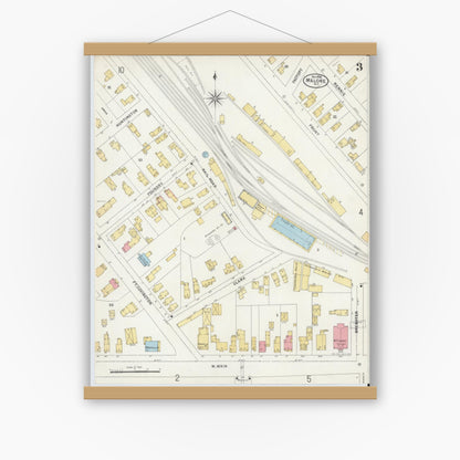 Old map wall art mockup — magnetic wood frame on white wall — Sanborn Fire Insurance Map from Malone, Franklin County, New York (1898), Sheet #0003