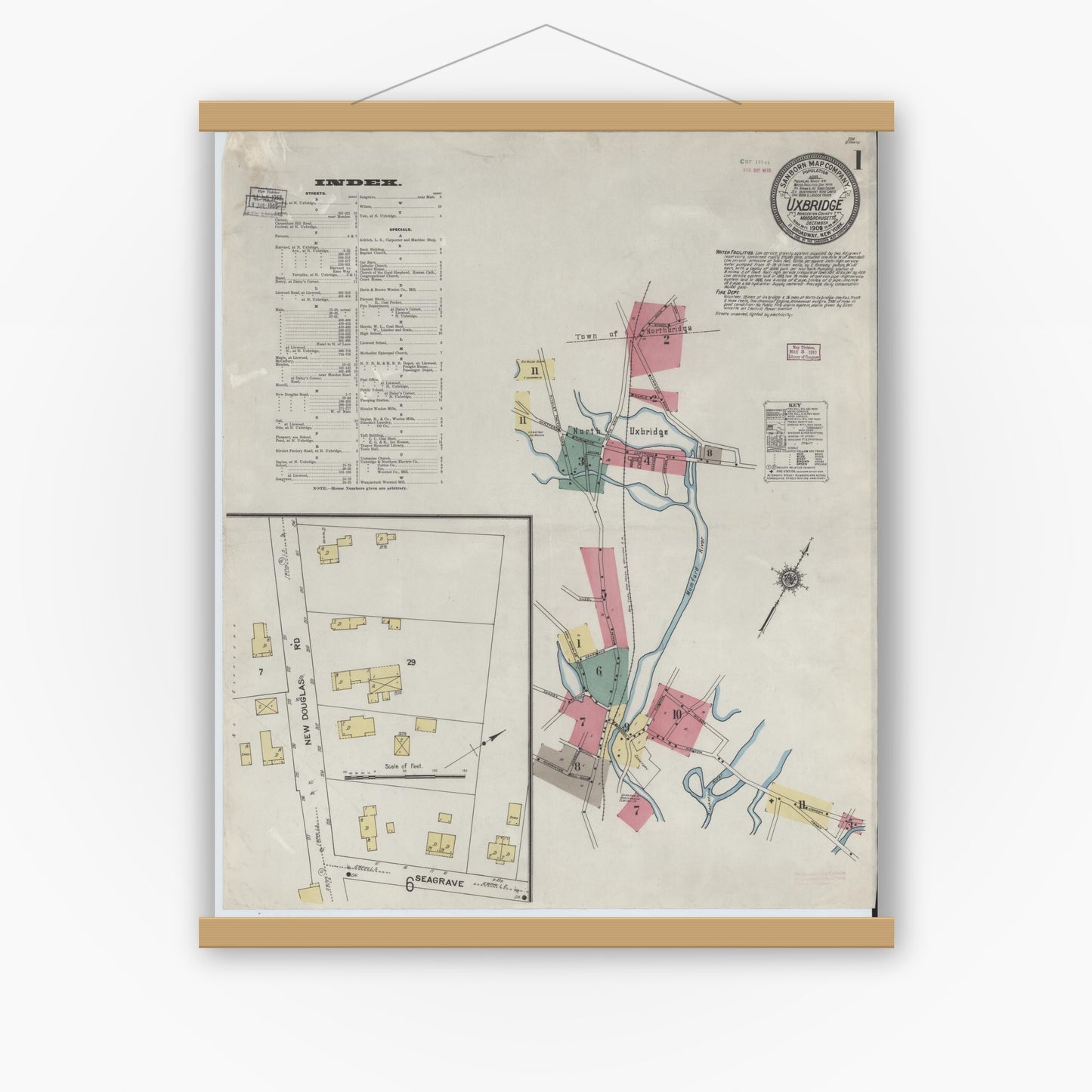 Old map wall art mockup — magnetic wood frame on white wall — Sanborn Fire Insurance Map from Uxbridge, Worcester County, Massachusetts (1909), Sheet #0001