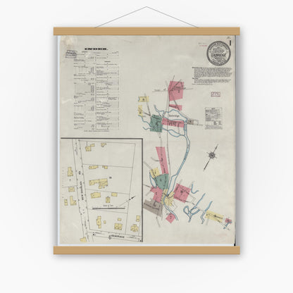 Old map wall art mockup — magnetic wood frame on white wall — Sanborn Fire Insurance Map from Uxbridge, Worcester County, Massachusetts (1909), Sheet #0001
