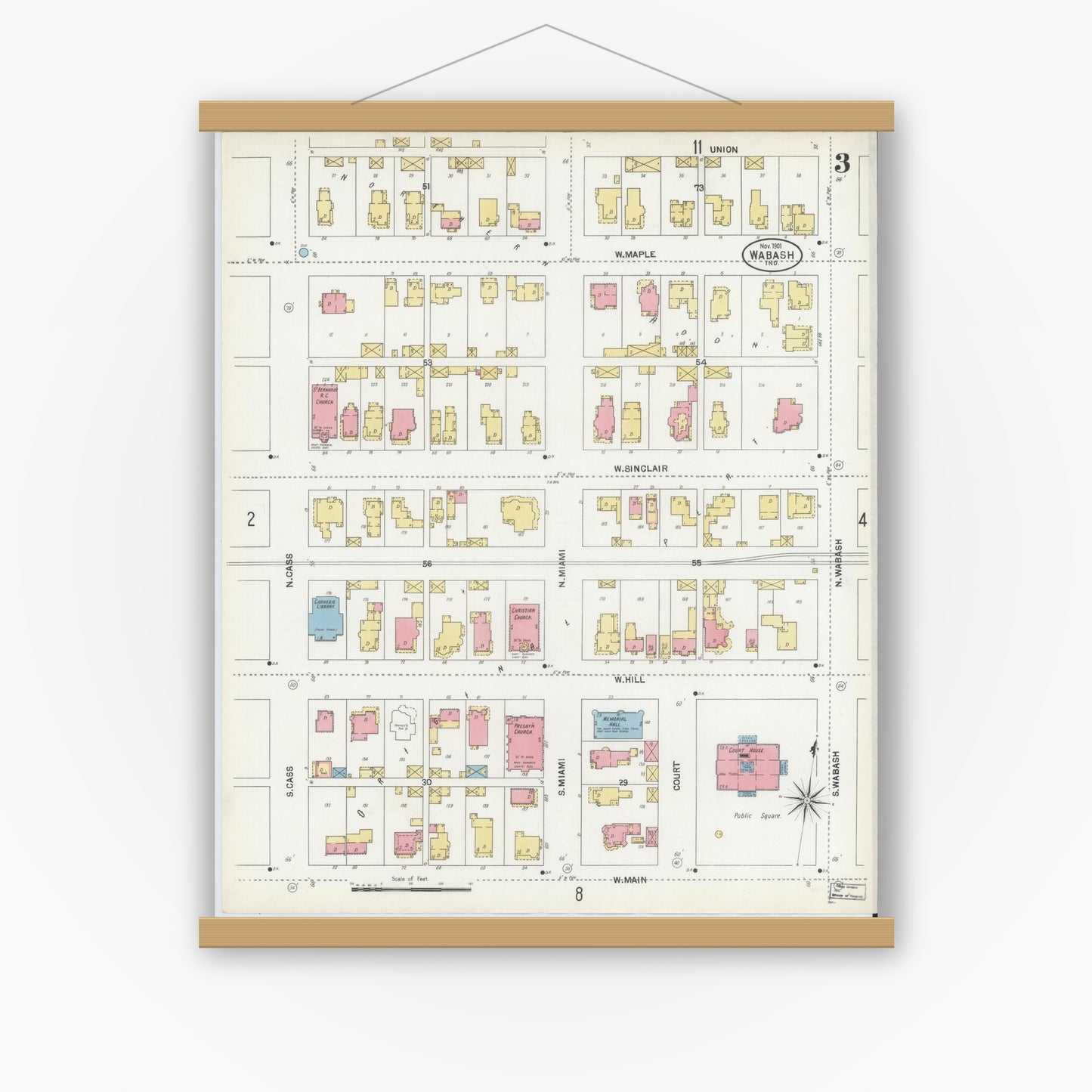 Old map wall art mockup — magnetic wood frame on white wall — Sanborn Fire Insurance Map from Wabash, Wabash County, Indiana (1901), Sheet #0003