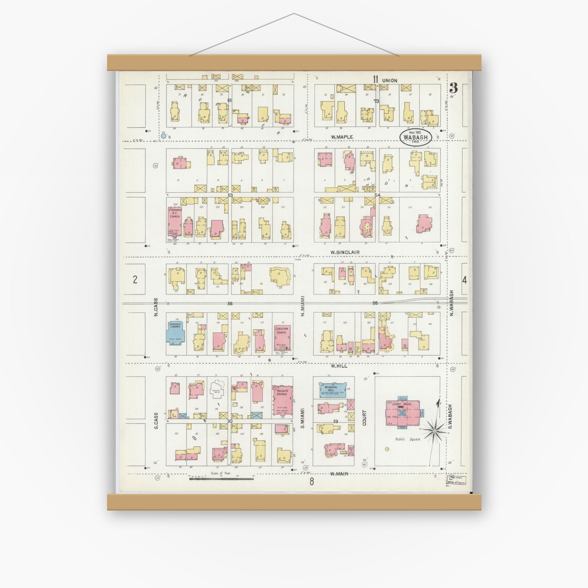 Old map wall art mockup — magnetic wood frame on white wall — Sanborn Fire Insurance Map from Wabash, Wabash County, Indiana (1901), Sheet #0003