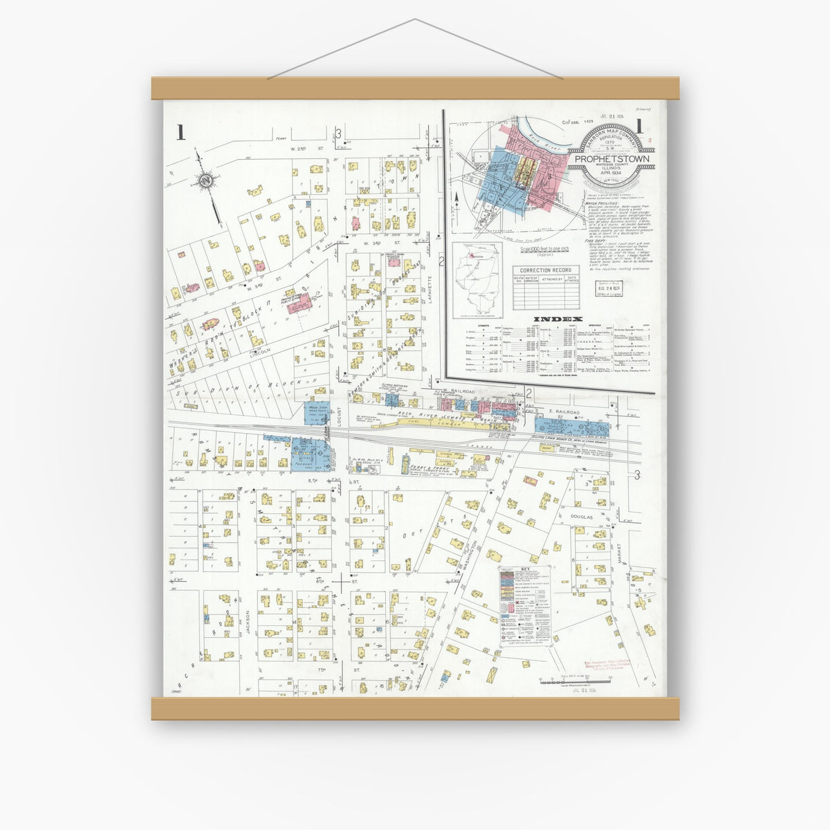 Old map wall art mockup — magnetic wood frame on white wall — Sanborn Fire Insurance Map from Prophetstown, Whiteside County, Illinois (1934), Sheet #0001