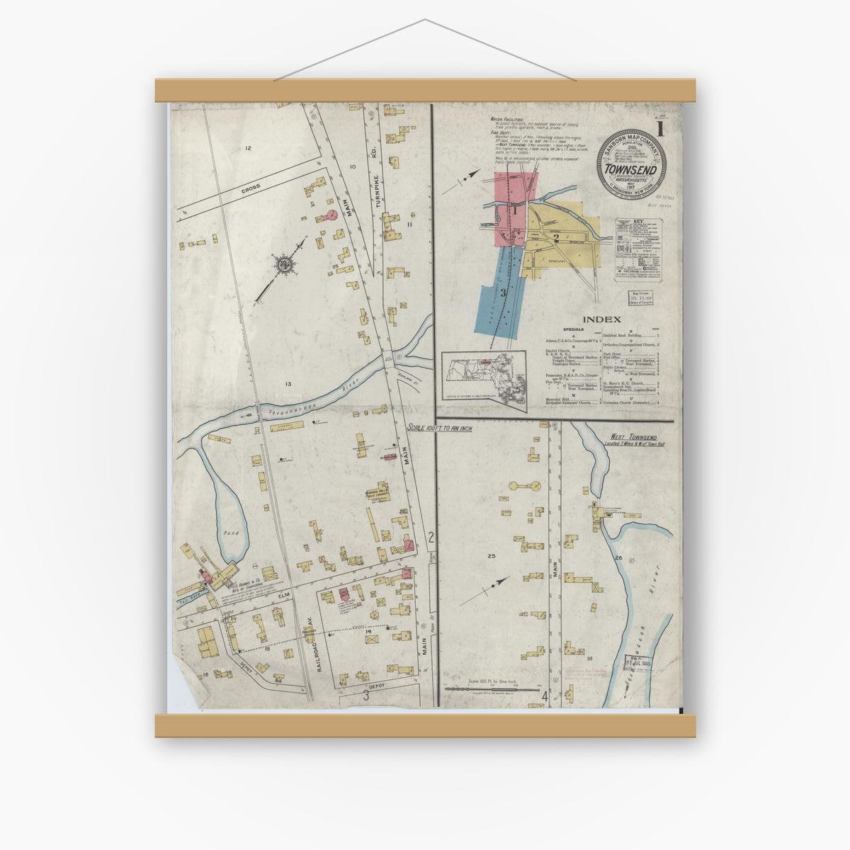 Old map wall art mockup — magnetic wood frame on white wall — Sanborn Fire Insurance Map from Townsend, Middlesex County, Massachusetts (1917), Sheet #0001