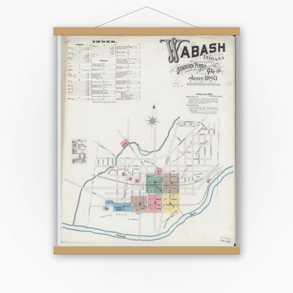 Old map wall art mockup — magnetic wood frame on white wall — Sanborn Fire Insurance Map from Wabash, Wabash County, Indiana (1893) - Complete Map Set