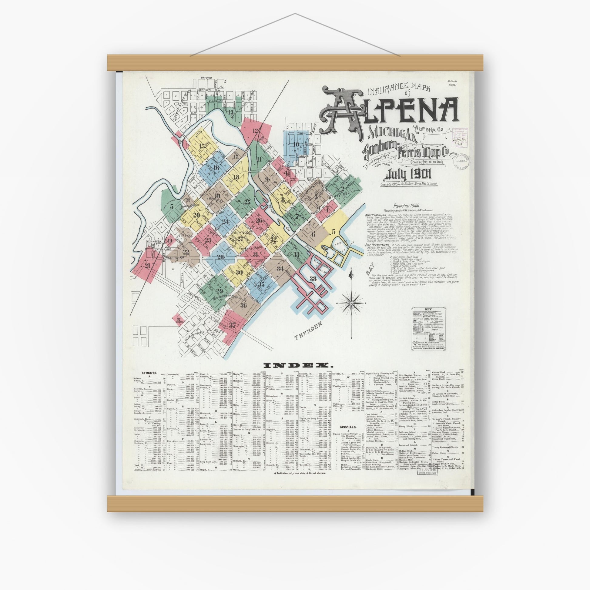 Old map wall art mockup — magnetic wood frame on white wall — Sanborn Fire Insurance Map from Alpena, Alpena County, Michigan (1901) - Complete Map Set
