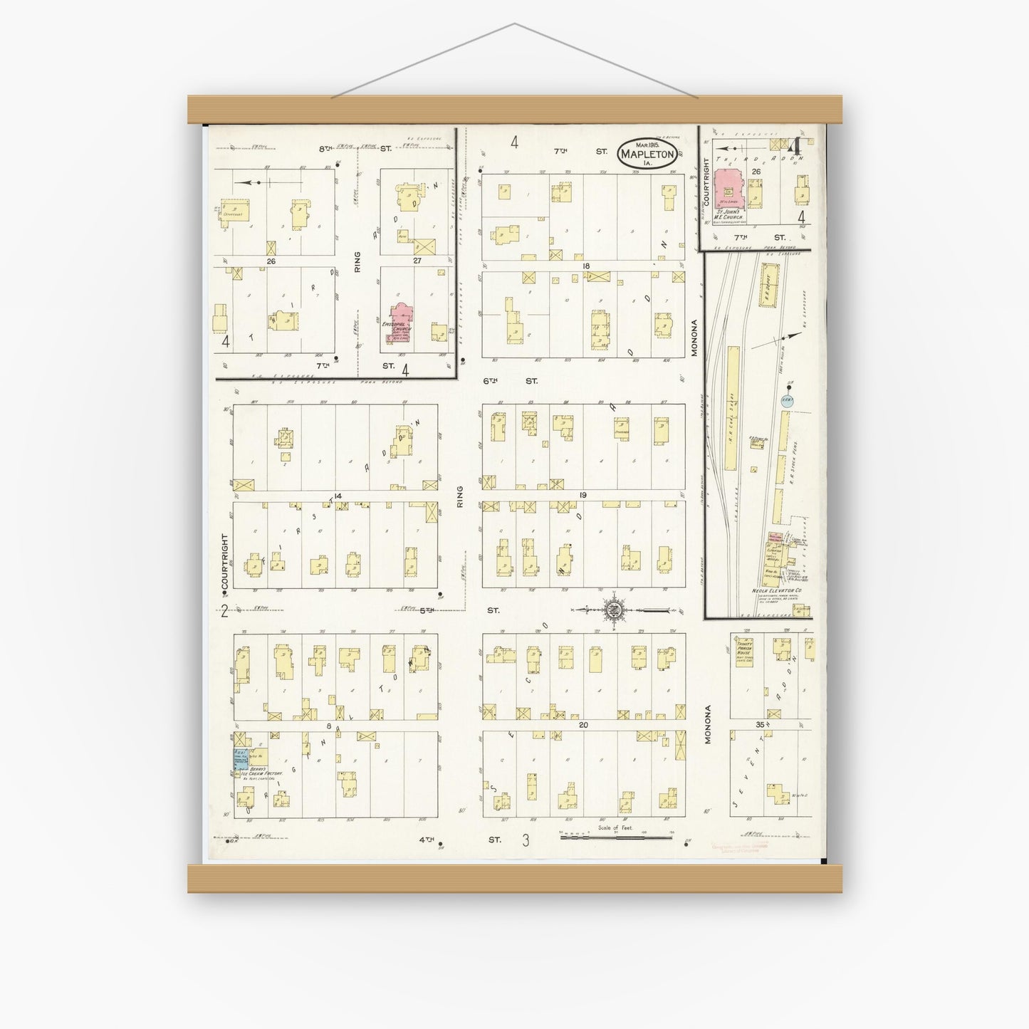 Old map wall art mockup — magnetic wood frame on white wall — Sanborn Fire Insurance Map from Mapleton, Monona County, Iowa (1915), Sheet #0004