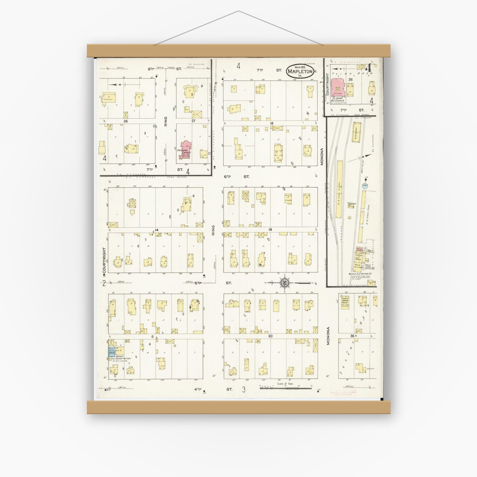 Old map wall art mockup — magnetic wood frame on white wall — Sanborn Fire Insurance Map from Mapleton, Monona County, Iowa (1915), Sheet #0004