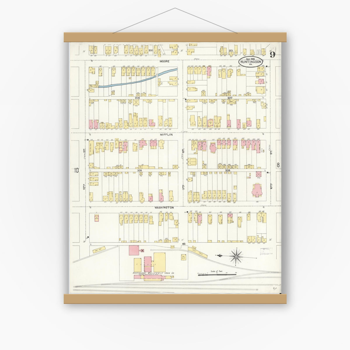 Old map wall art mockup — magnetic wood frame on white wall — Sanborn Fire Insurance Map from Huntingdon, Huntingdon County, Pennsylvania (1906), Sheet #0009