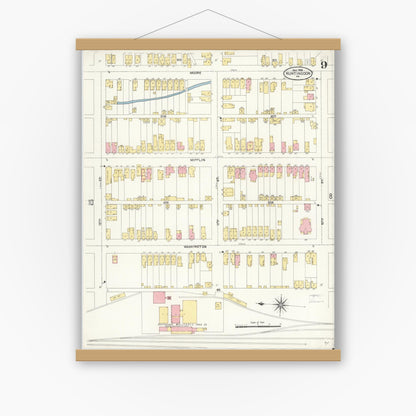 Old map wall art mockup — magnetic wood frame on white wall — Sanborn Fire Insurance Map from Huntingdon, Huntingdon County, Pennsylvania (1906), Sheet #0009