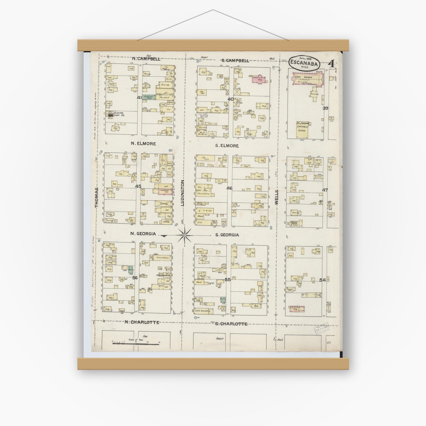 Old map wall art mockup — magnetic wood frame on white wall — Sanborn Fire Insurance Map from Escanaba, Delta County, Michigan (1888), Sheet #0004