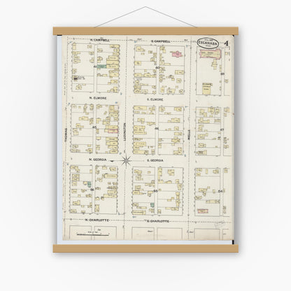 Old map wall art mockup — magnetic wood frame on white wall — Sanborn Fire Insurance Map from Escanaba, Delta County, Michigan (1888), Sheet #0004