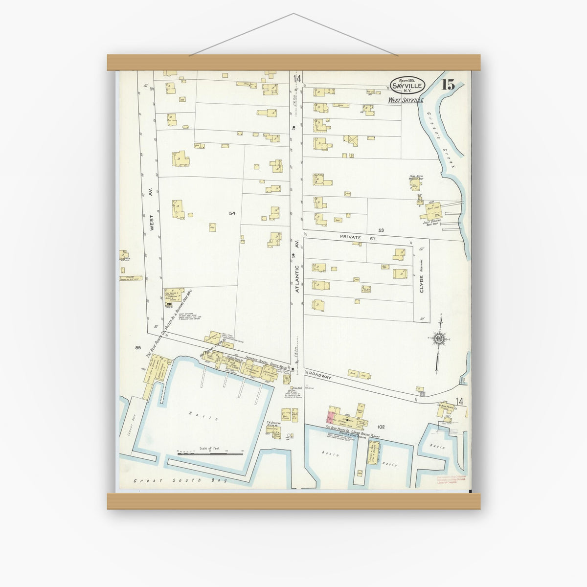 Old map wall art mockup — magnetic wood frame on white wall — Sanborn Fire Insurance Map from Sayville, Suffolk County, New York (1915), Sheet #0015