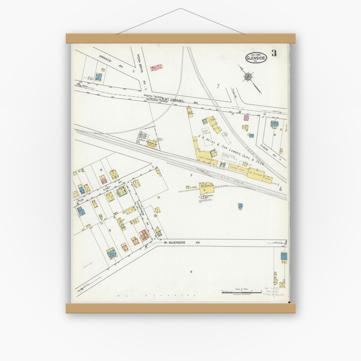 Old map wall art mockup — magnetic wood frame on white wall — Sanborn Fire Insurance Map from Glenside, Montgomery County, Pennsylvania (1920), Sheet #0003