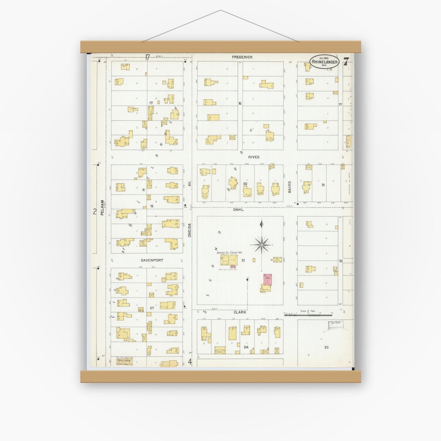 Old map wall art mockup — magnetic wood frame on white wall — Sanborn Fire Insurance Map from Rhinelander, Oneida County, Wisconsin (1900), Sheet #0007