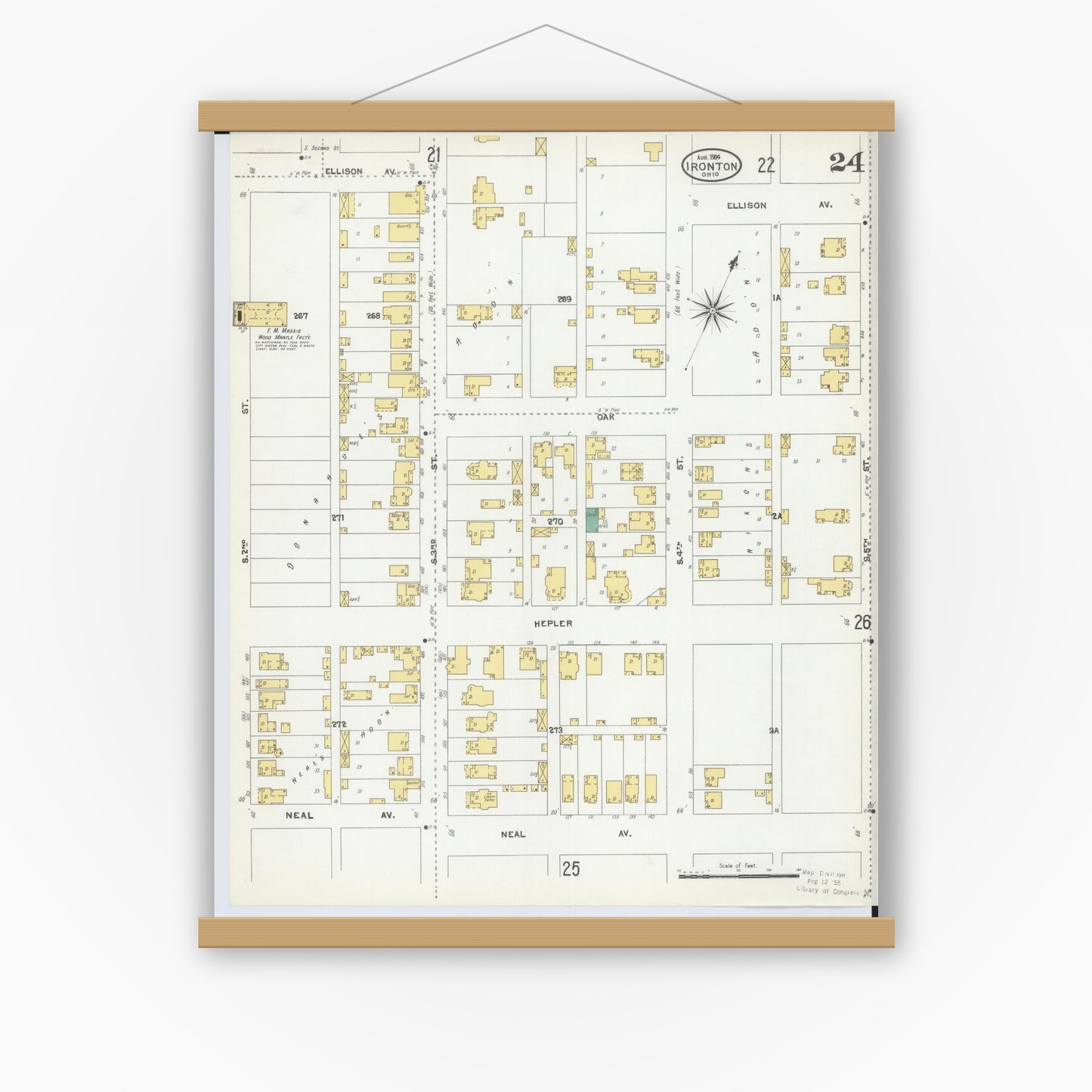 Old map wall art mockup — magnetic wood frame on white wall — Sanborn Fire Insurance Map from Ironton, Lawrence County, Ohio (1904), Sheet #0024