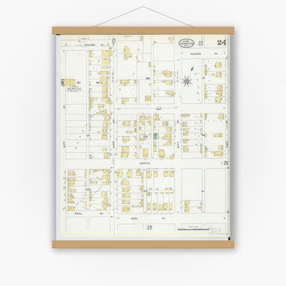 Old map wall art mockup — magnetic wood frame on white wall — Sanborn Fire Insurance Map from Ironton, Lawrence County, Ohio (1904), Sheet #0024