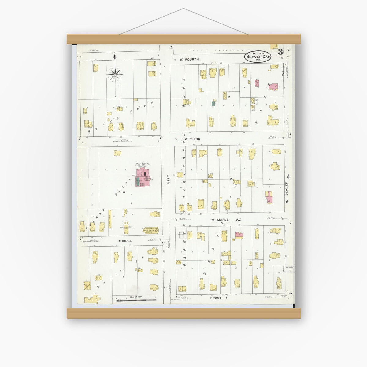 Old map wall art mockup — magnetic wood frame on white wall — Sanborn Fire Insurance Map from Beaver Dam, Dodge County, Wisconsin (1909), Sheet #0003