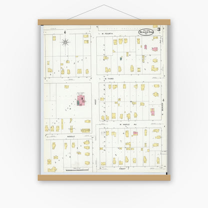 Old map wall art mockup — magnetic wood frame on white wall — Sanborn Fire Insurance Map from Beaver Dam, Dodge County, Wisconsin (1909), Sheet #0003
