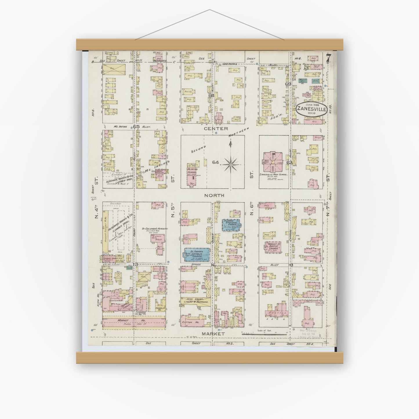 Old map wall art mockup — magnetic wood frame on white wall — Sanborn Fire Insurance Map from Zanesville, Muskingum County, Ohio (1886), Sheet #0007