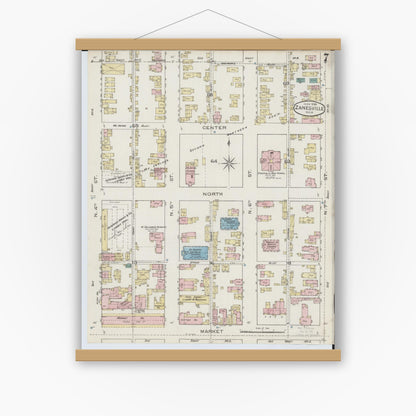 Old map wall art mockup — magnetic wood frame on white wall — Sanborn Fire Insurance Map from Zanesville, Muskingum County, Ohio (1886), Sheet #0007