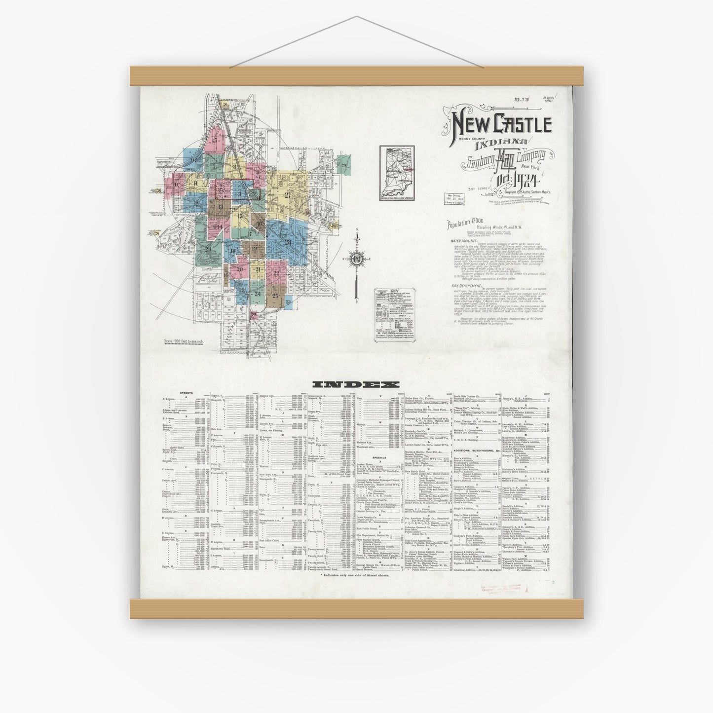 Old map wall art mockup — magnetic wood frame on white wall — Sanborn Fire Insurance Map from New Castle, Henry County, Indiana (1924) - Complete Map Set
