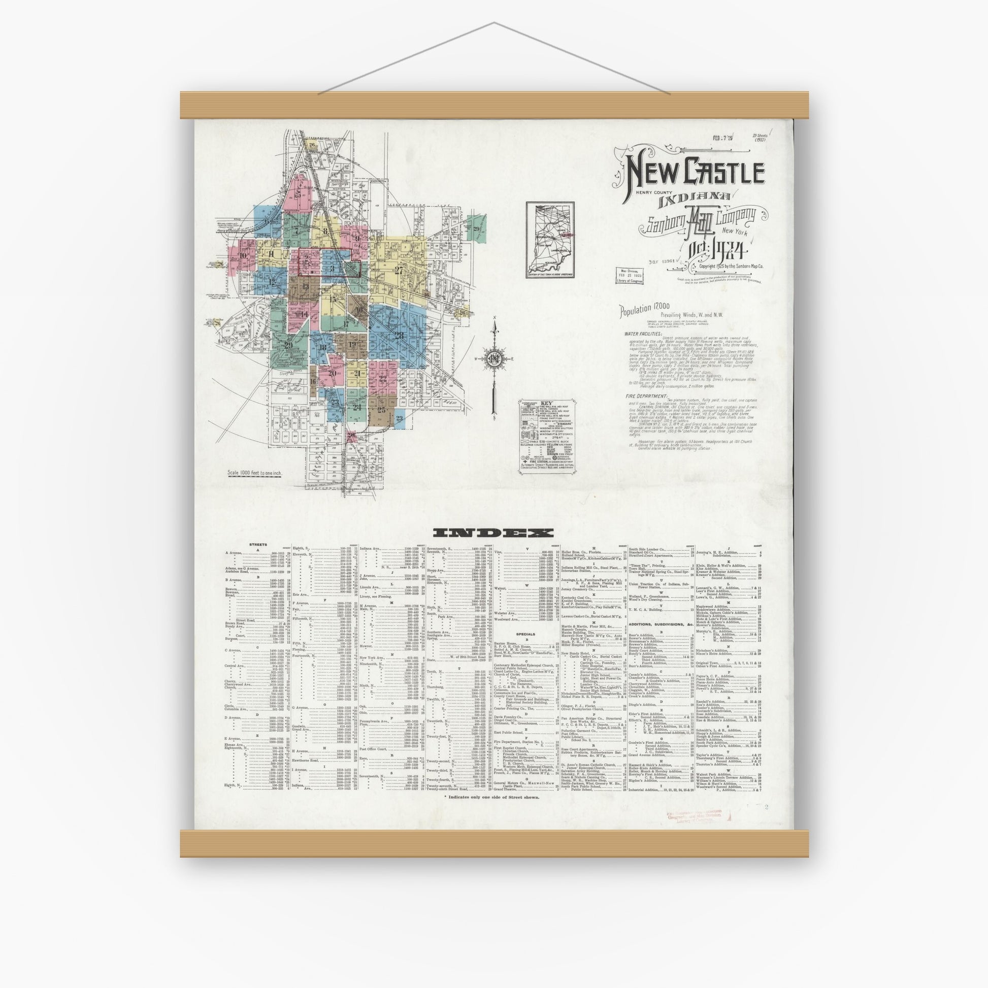 Old map wall art mockup — magnetic wood frame on white wall — Sanborn Fire Insurance Map from New Castle, Henry County, Indiana (1924) - Complete Map Set