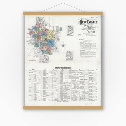 Old map wall art mockup — magnetic wood frame on white wall — Sanborn Fire Insurance Map from New Castle, Henry County, Indiana (1924) - Complete Map Set