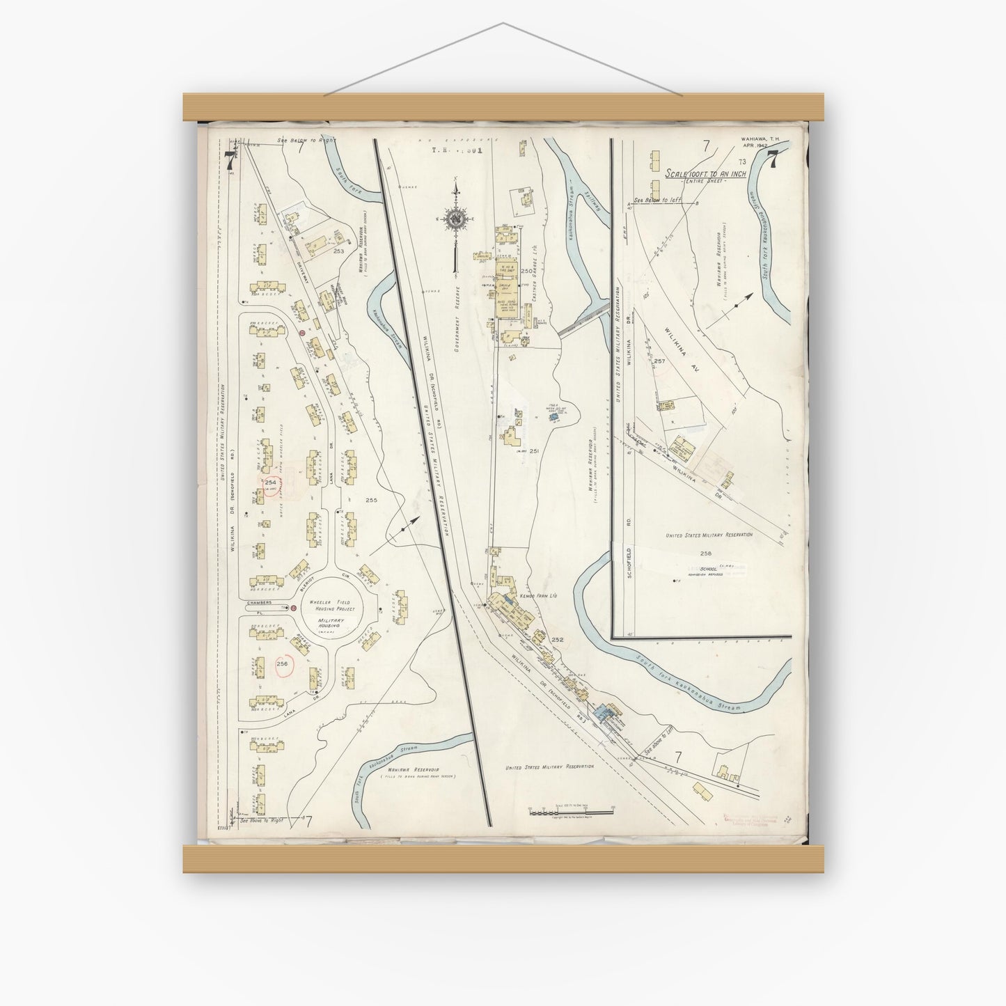 Old map wall art mockup — magnetic wood frame on white wall — Sanborn Fire Insurance Map from Wahiawa, Honolulu County, Hawaii (1957), Sheet #0007