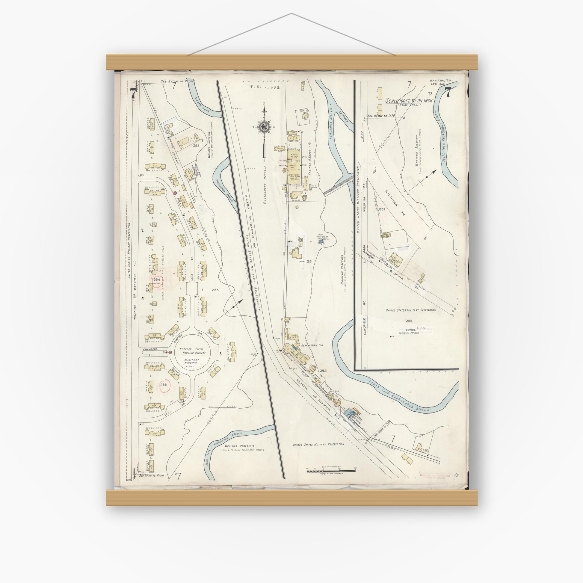 Old map wall art mockup — magnetic wood frame on white wall — Sanborn Fire Insurance Map from Wahiawa, Honolulu County, Hawaii (1957), Sheet #0007