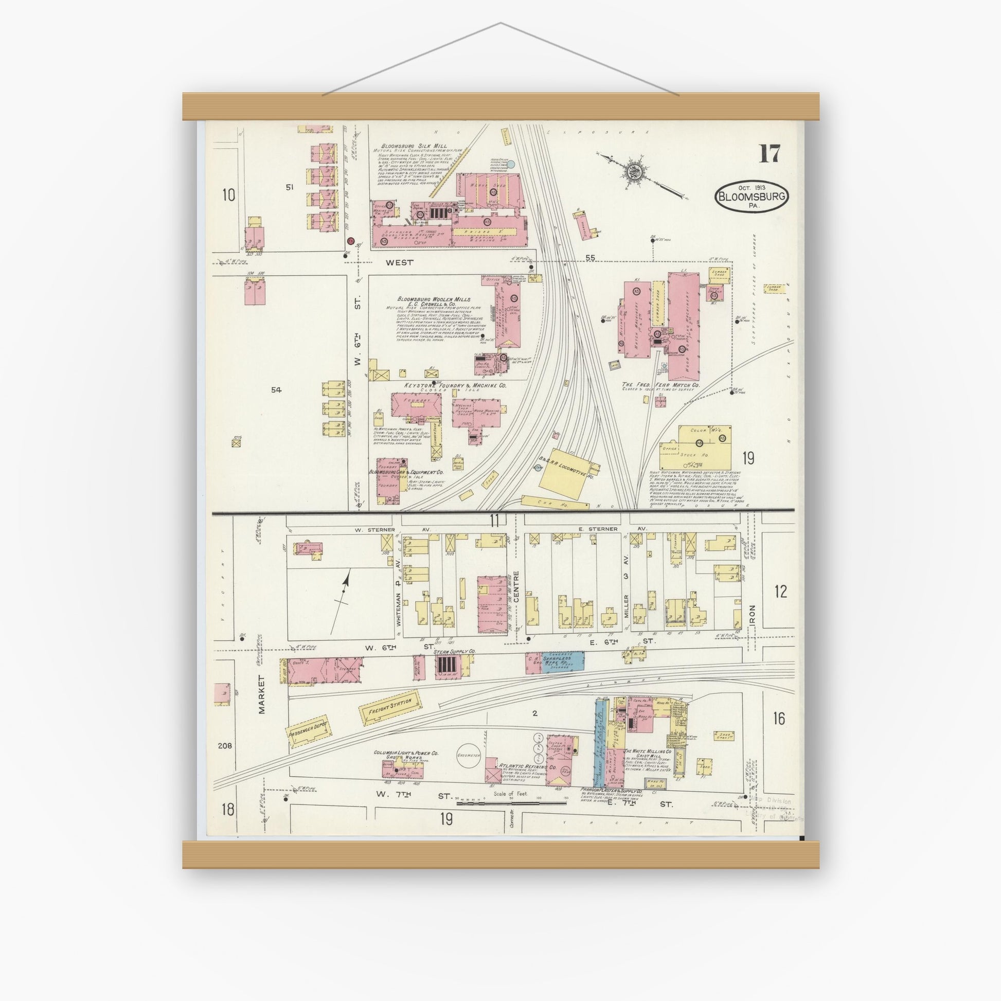Old map wall art mockup — magnetic wood frame on white wall — Sanborn Fire Insurance Map from Bloomsburg, Columbia County, Pennsylvania (1913), Sheet #0017