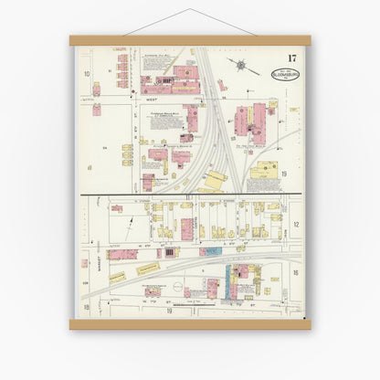 Old map wall art mockup — magnetic wood frame on white wall — Sanborn Fire Insurance Map from Bloomsburg, Columbia County, Pennsylvania (1913), Sheet #0017