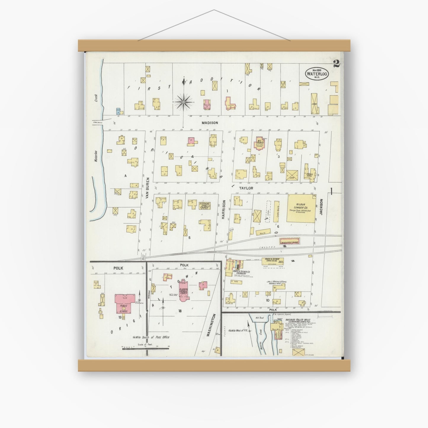 Old map wall art mockup — magnetic wood frame on white wall — Sanborn Fire Insurance Map from Waterloo, Jefferson County, Wisconsin (1899), Sheet #0002