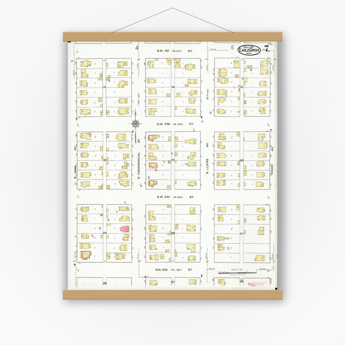 Old map wall art mockup — magnetic wood frame on white wall — Sanborn Fire Insurance Map from Eagle Grove, Wright County, Iowa (1921), Sheet #0007