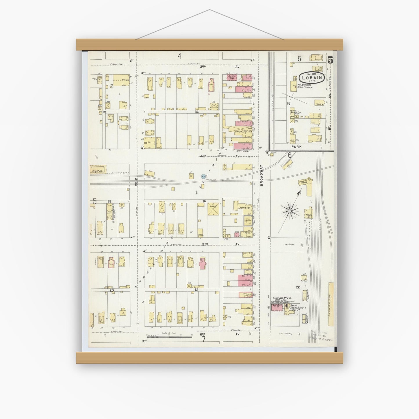 Old map wall art mockup — magnetic wood frame on white wall — Sanborn Fire Insurance Map from Lorain, Lorain County, Ohio (1896), Sheet #0005